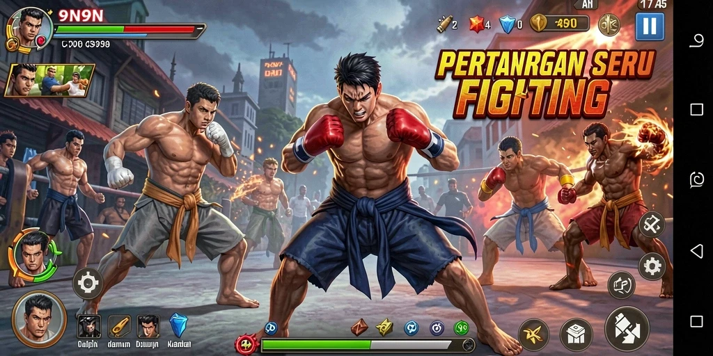 Screenshot menunjukkan pertarungan seru antara karakter dalam 9N9N.
