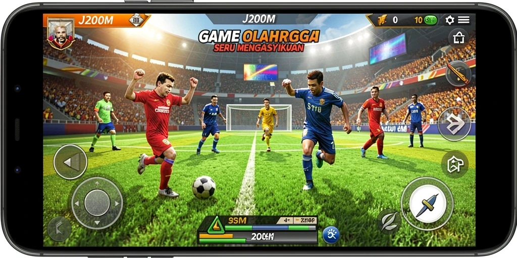 Tampilan gameplay seru dalam J200M yang menggambarkan suasana olahraga.