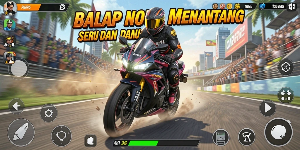 Screenshot gameplay R6R6 menampilkan balapan motor yang mendebarkan.